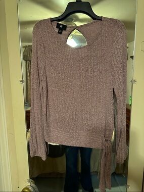 Iz Byer Mauve Ribbed Tie-Accent Crewneck Sweater